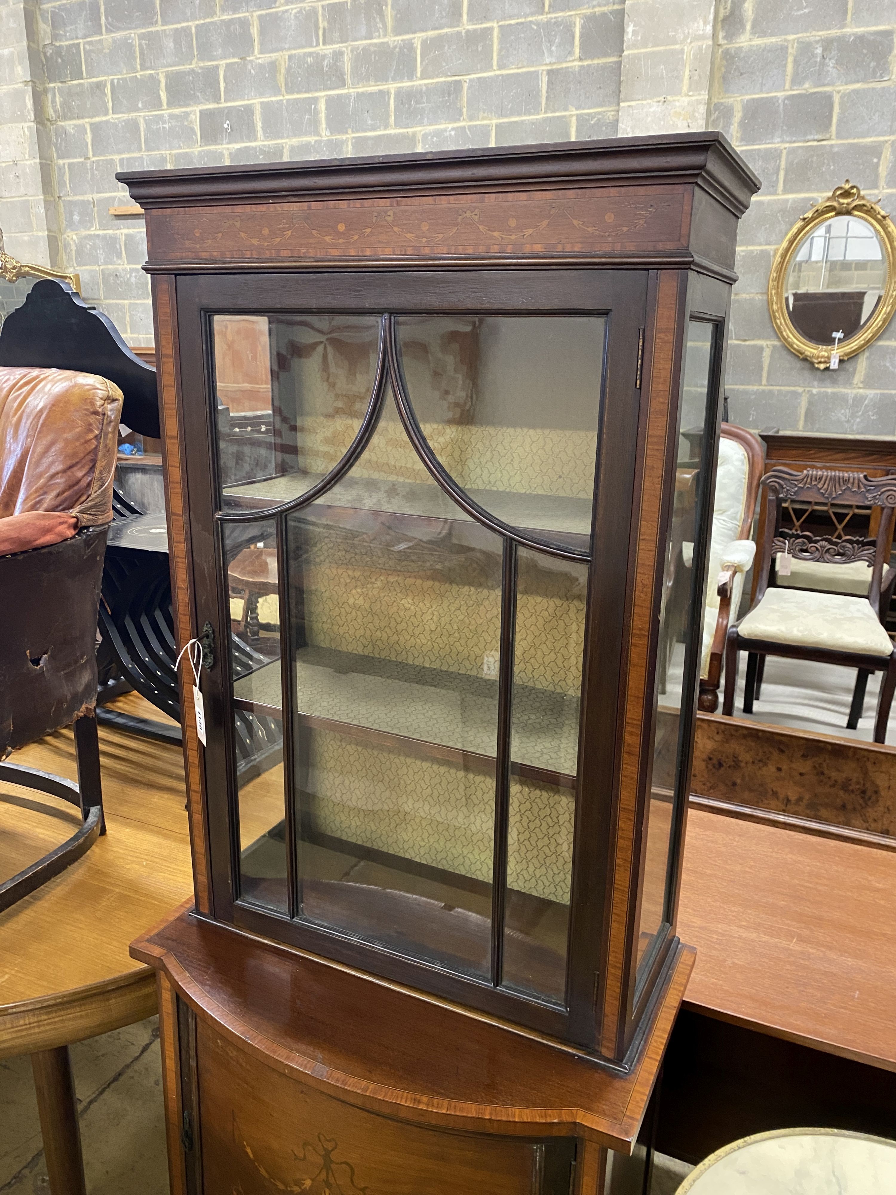 An Edwardian marquetry and satinwood banded mahogany bowfront display cabinet, width 66cm, depth - Image 2 of 3