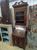 An Edwardian marquetry inlaid satinwood banded mahogany bureau bookcase of narrow proportions, width