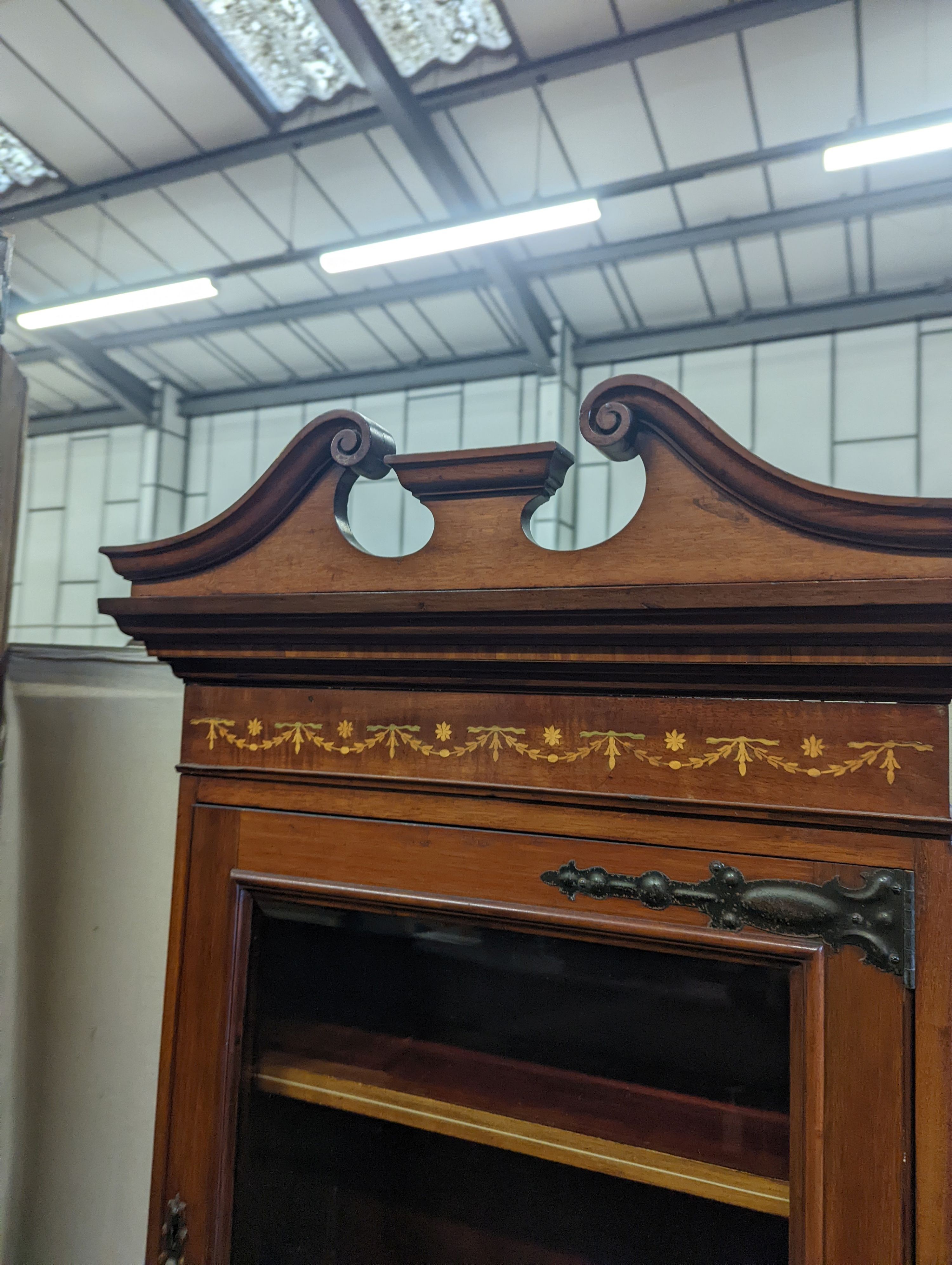 An Edwardian marquetry inlaid satinwood banded mahogany bureau bookcase of narrow proportions, width - Image 3 of 6