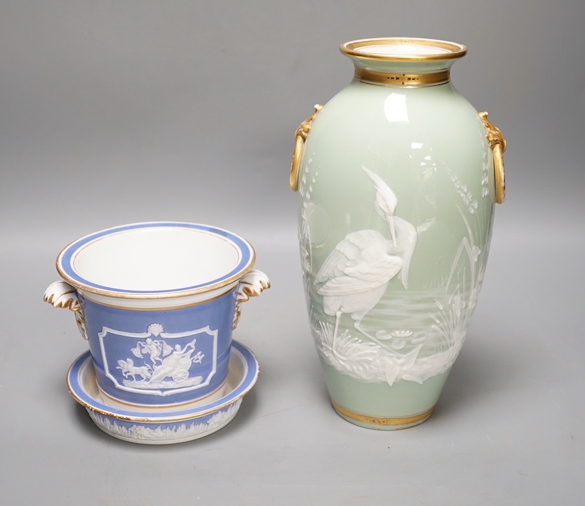 A Royal Worcester pate sur pate 'heron' vase and an early 19th century plant pot and under dish. - Image 2 of 6