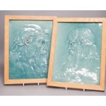 A pair of Burmantofts relief-moulded turquoise glazed portrait plaques, late 19th century, modern