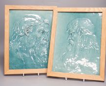 A pair of Burmantofts relief-moulded turquoise glazed portrait plaques, late 19th century, modern