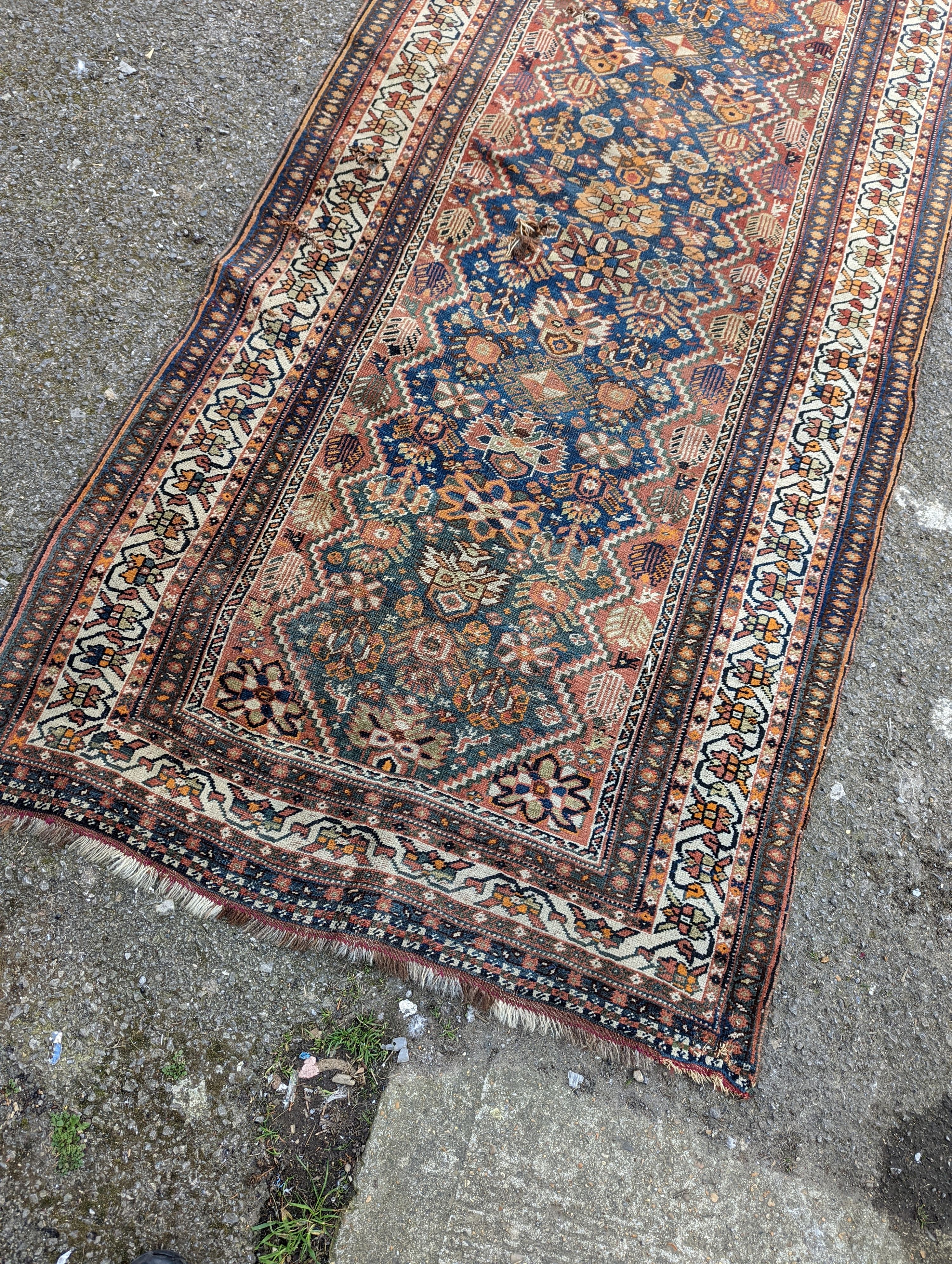 A North West Persian blue ground runner, 300 x 109 (worn and holed) a North West Persian rug, Bohara - Image 10 of 12