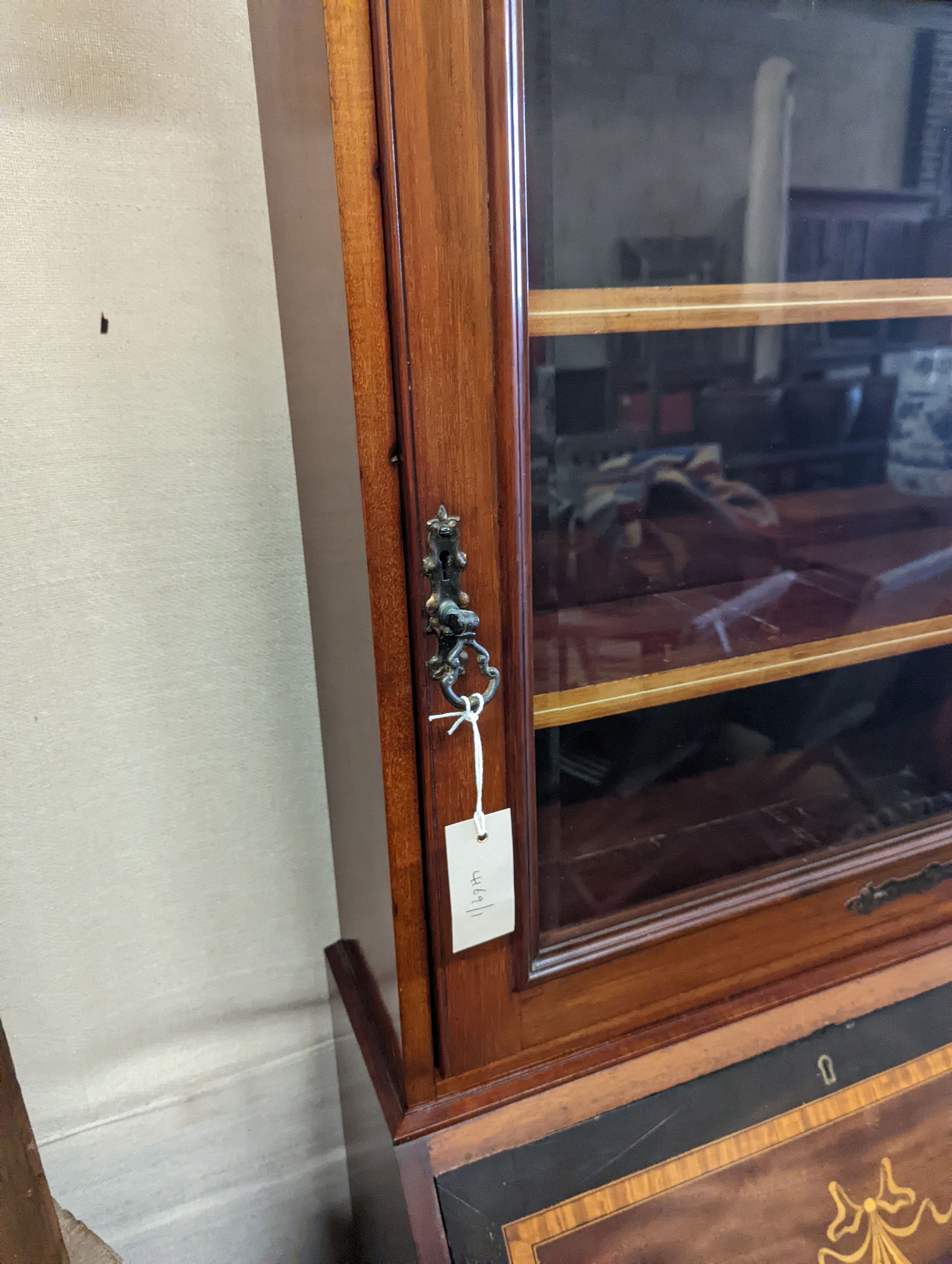 An Edwardian marquetry inlaid satinwood banded mahogany bureau bookcase of narrow proportions, width - Image 4 of 6