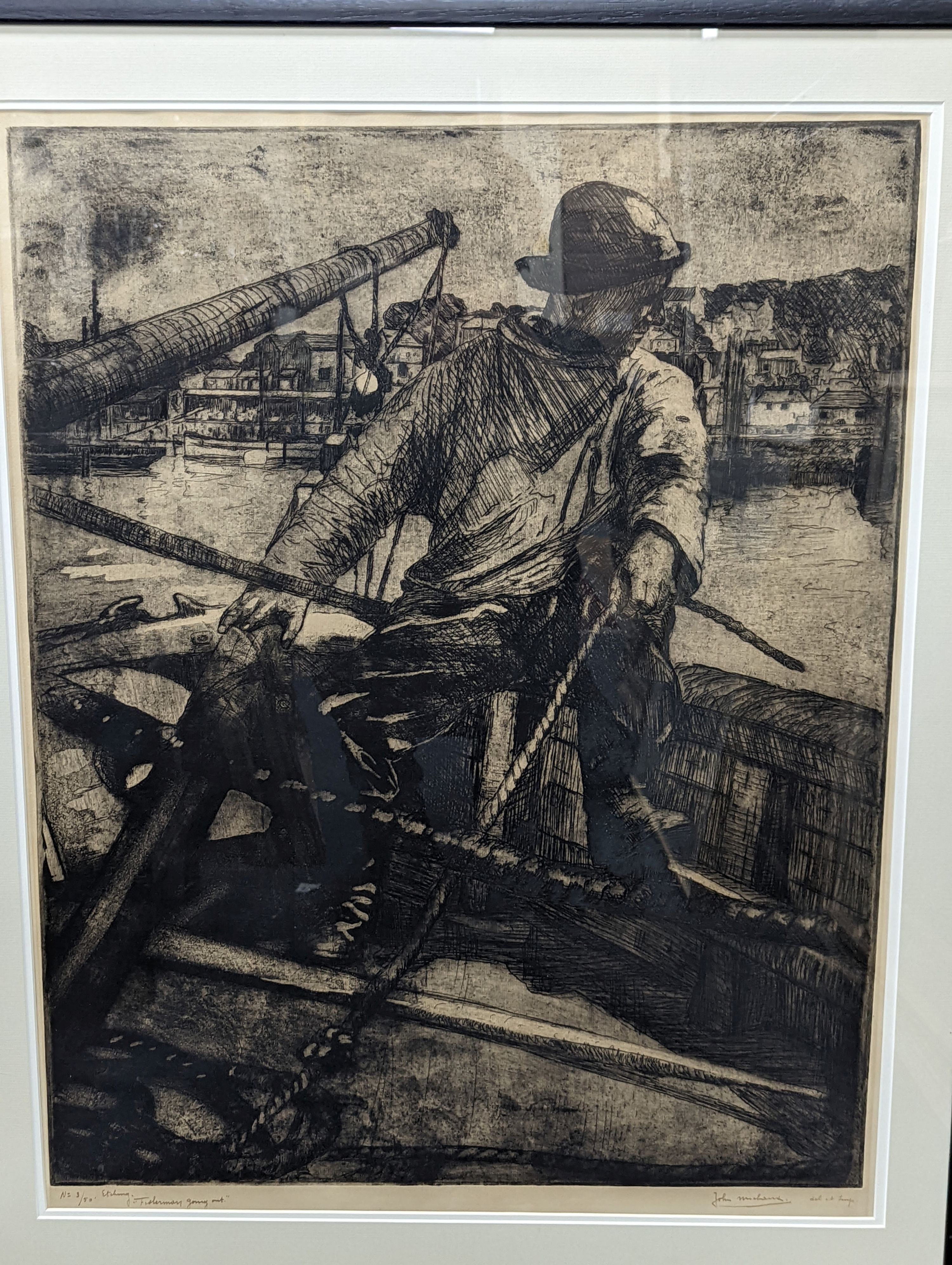 Jean Michaux (1876-1956), etching, 'Fisherman going out', signed in ink, 3/50, 79 x 62cm
