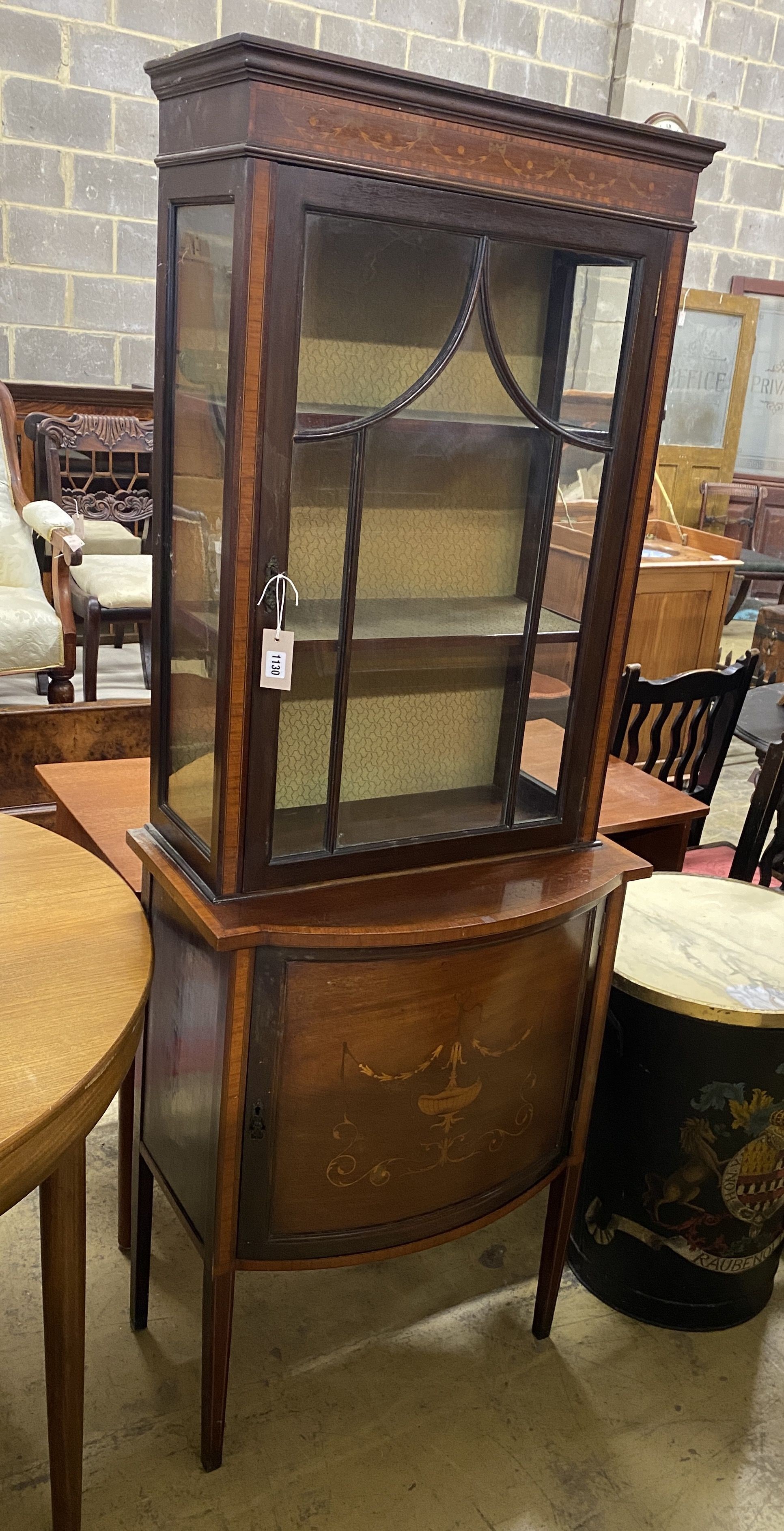 An Edwardian marquetry and satinwood banded mahogany bowfront display cabinet, width 66cm, depth