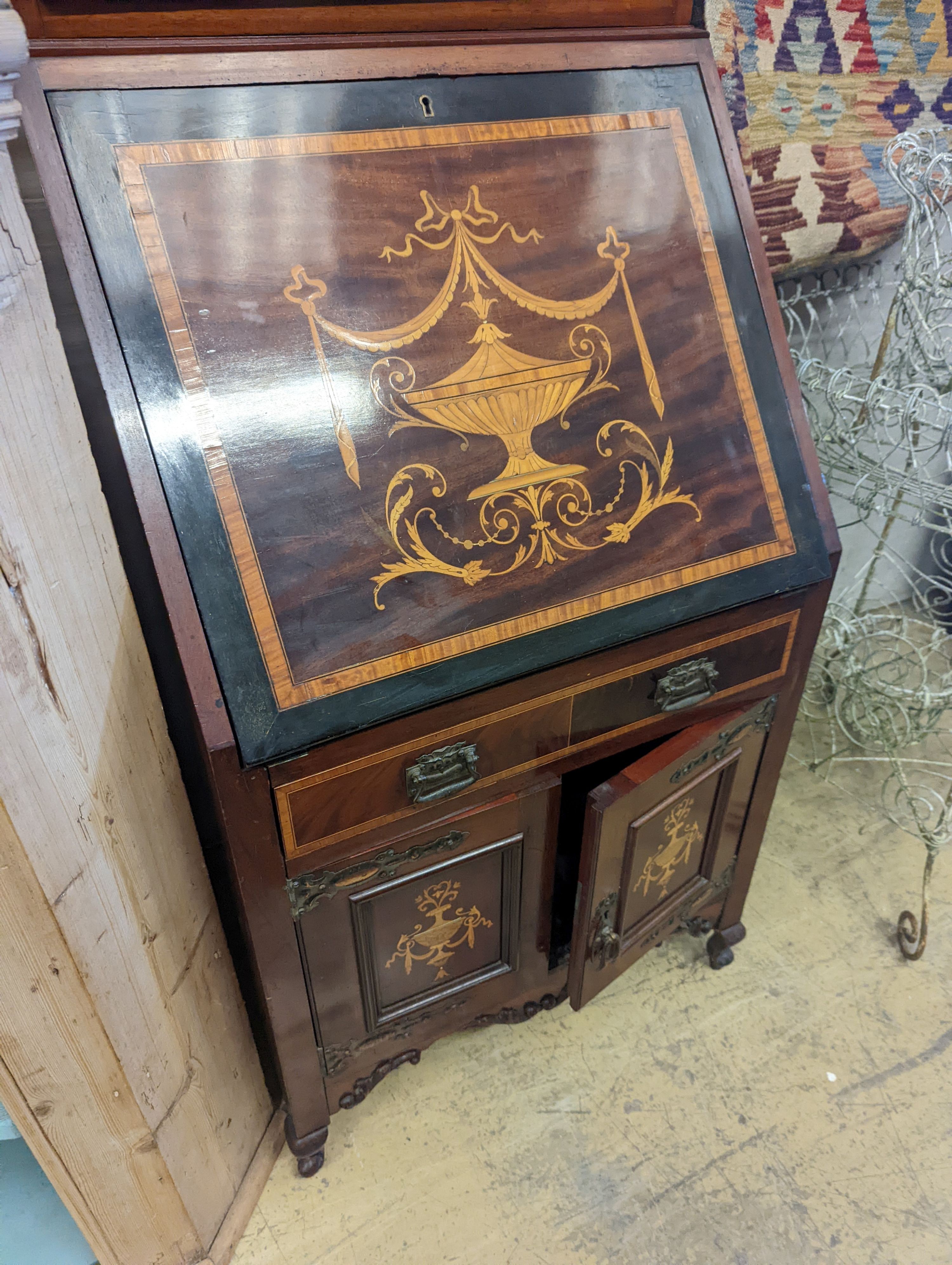 An Edwardian marquetry inlaid satinwood banded mahogany bureau bookcase of narrow proportions, width - Image 5 of 6