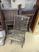 Five weathered teak folding garden chairs, three with arms