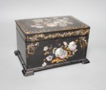 A Victorian inlaid papier mache tea caddy, 21cm wide