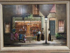 Deborah Jones (1921-2012), oil on board, Antiques shop, signed, 29 x 45cm