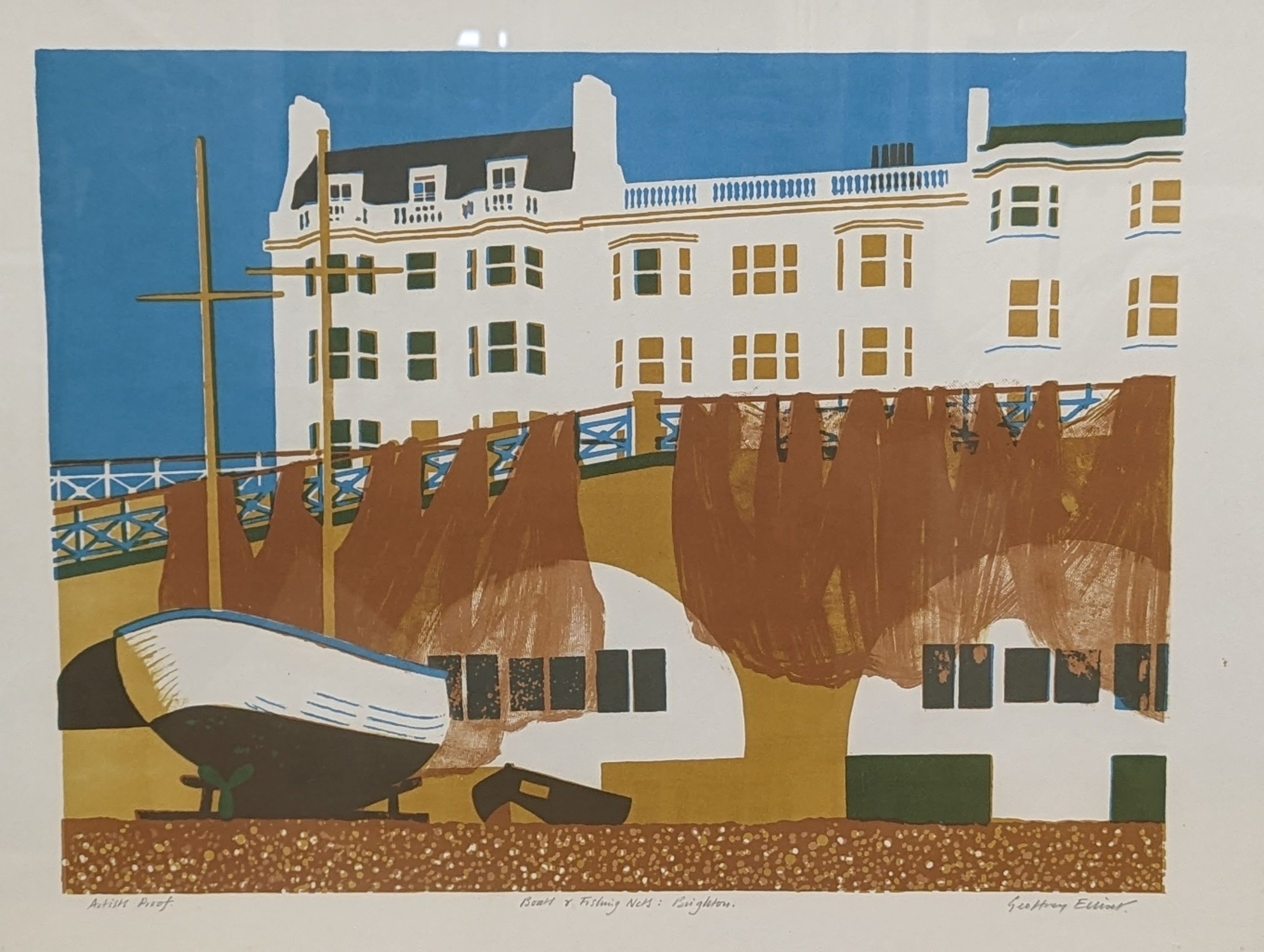 Geoffrey Elliott (1935-), artist proof print, 'Boats and fishing nets, Brighton', signed in