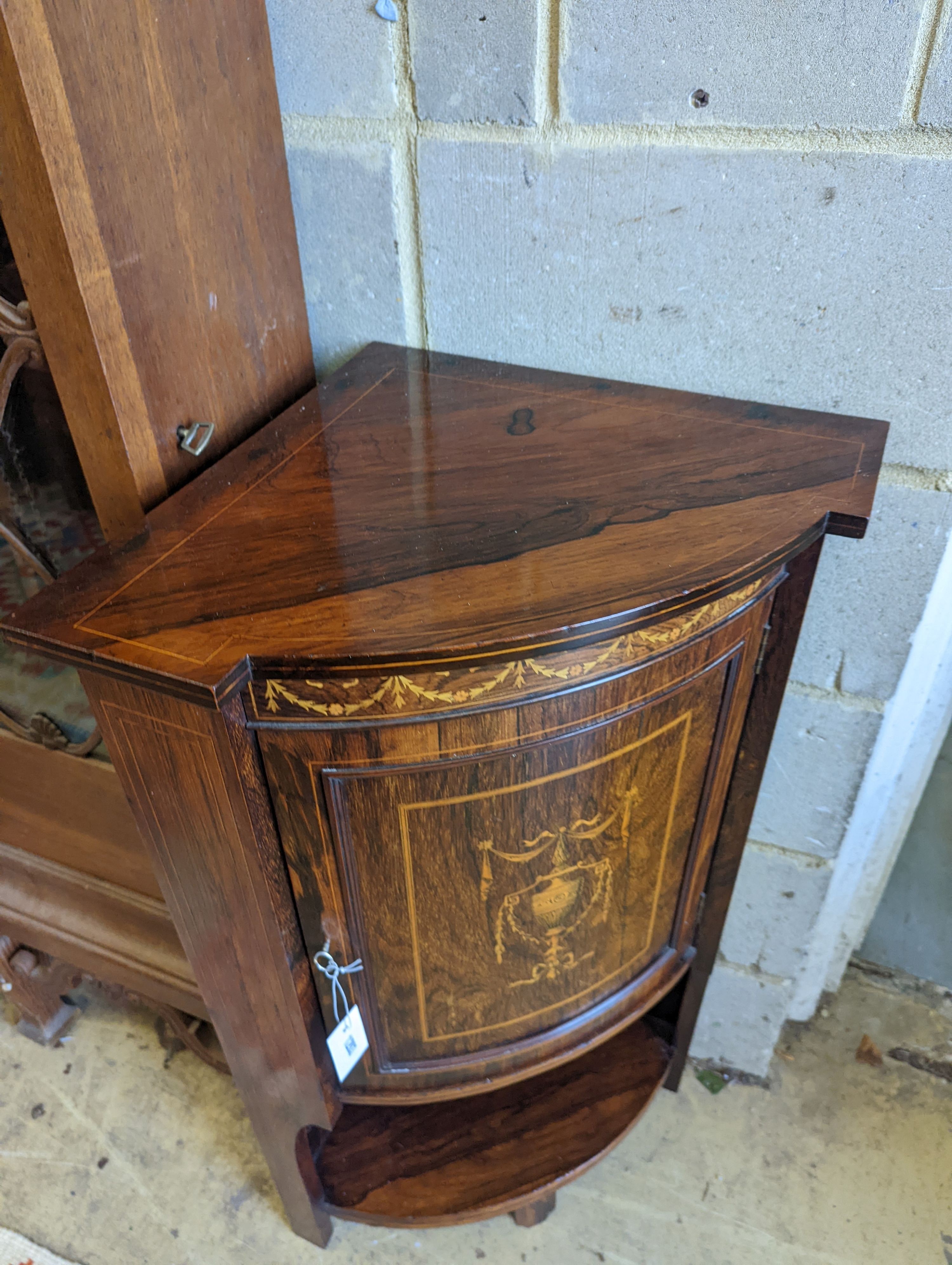 An Edwardian marquetry inlaid rosewood bowfront corner cupboard, width 61cm, depth 43cm, height - Image 2 of 3