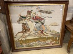 A large Victorian polychrome tapestry panel depicting a Hussar mounted and Moor in combat (oak