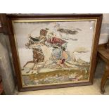 A large Victorian polychrome tapestry panel depicting a Hussar mounted and Moor in combat (oak