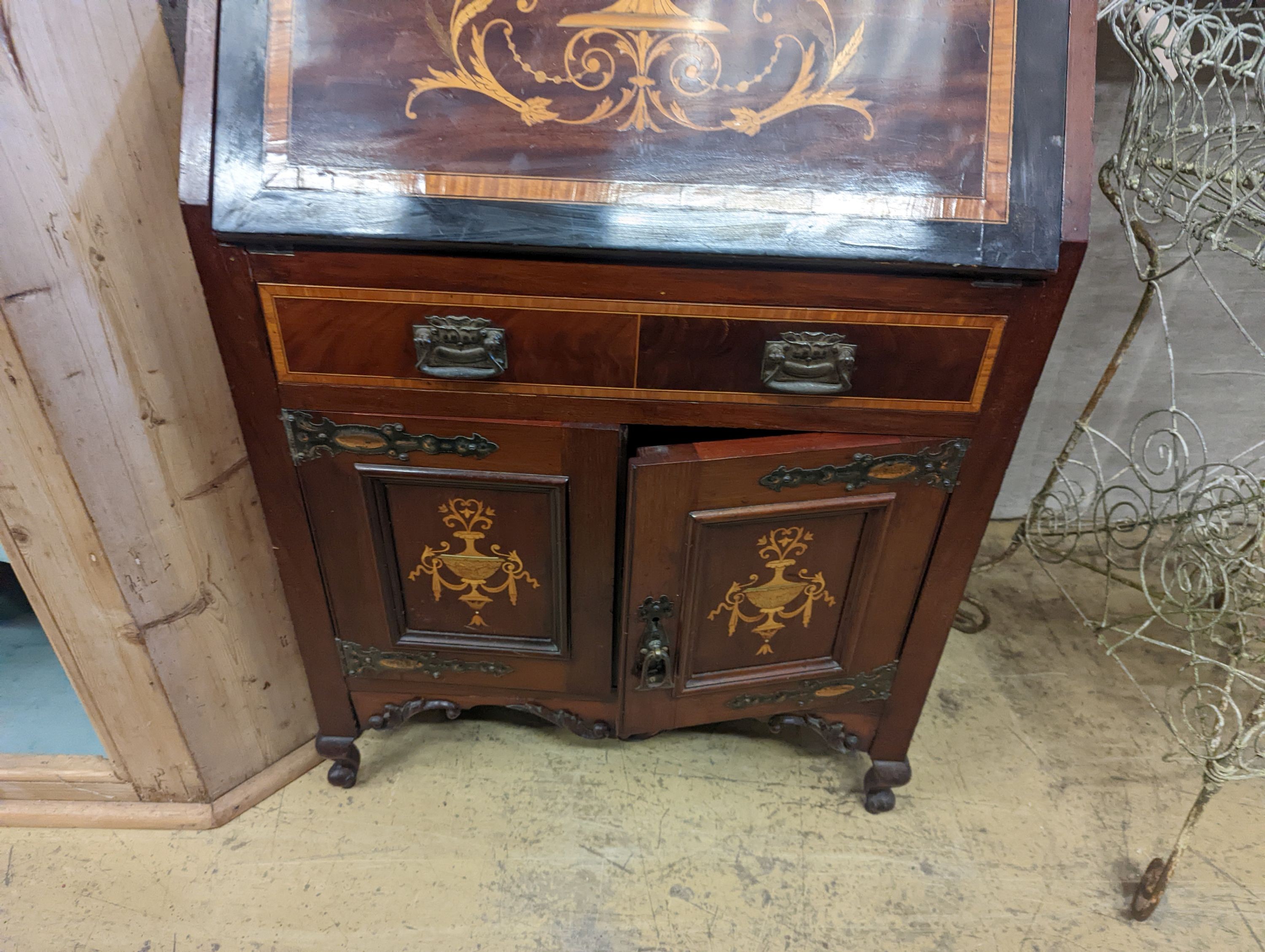 An Edwardian marquetry inlaid satinwood banded mahogany bureau bookcase of narrow proportions, width - Image 6 of 6