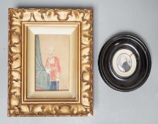 A 19th century portrait miniature on ivory of a gentleman in oval frame, 9.5cm and an overpainted