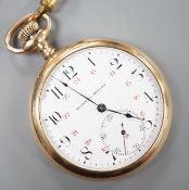 An engine turned gold plated keyless open faced pocket watch, by Rodger & Wright, case diameter