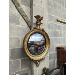 A Regency carved giltwood and gesso convex wall mirror, eagle surmount and ebonised slip, width