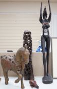 Two tribal carvings and a metal overlaid horse,horse 8 cms wide x 50 cms high.