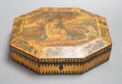 A Regency octagonal painted sycamore work box, containing mother of pearl and bone counters 26cm