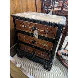 A near pair of South Asian mother of pearl inlaid three drawer small chests, larger 46cm, depth
