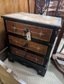 A near pair of South Asian mother of pearl inlaid three drawer small chests, larger 46cm, depth