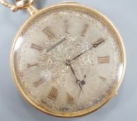 An early 20th century Swiss yellow metal open faced keyless dress pocket watch, retailed by