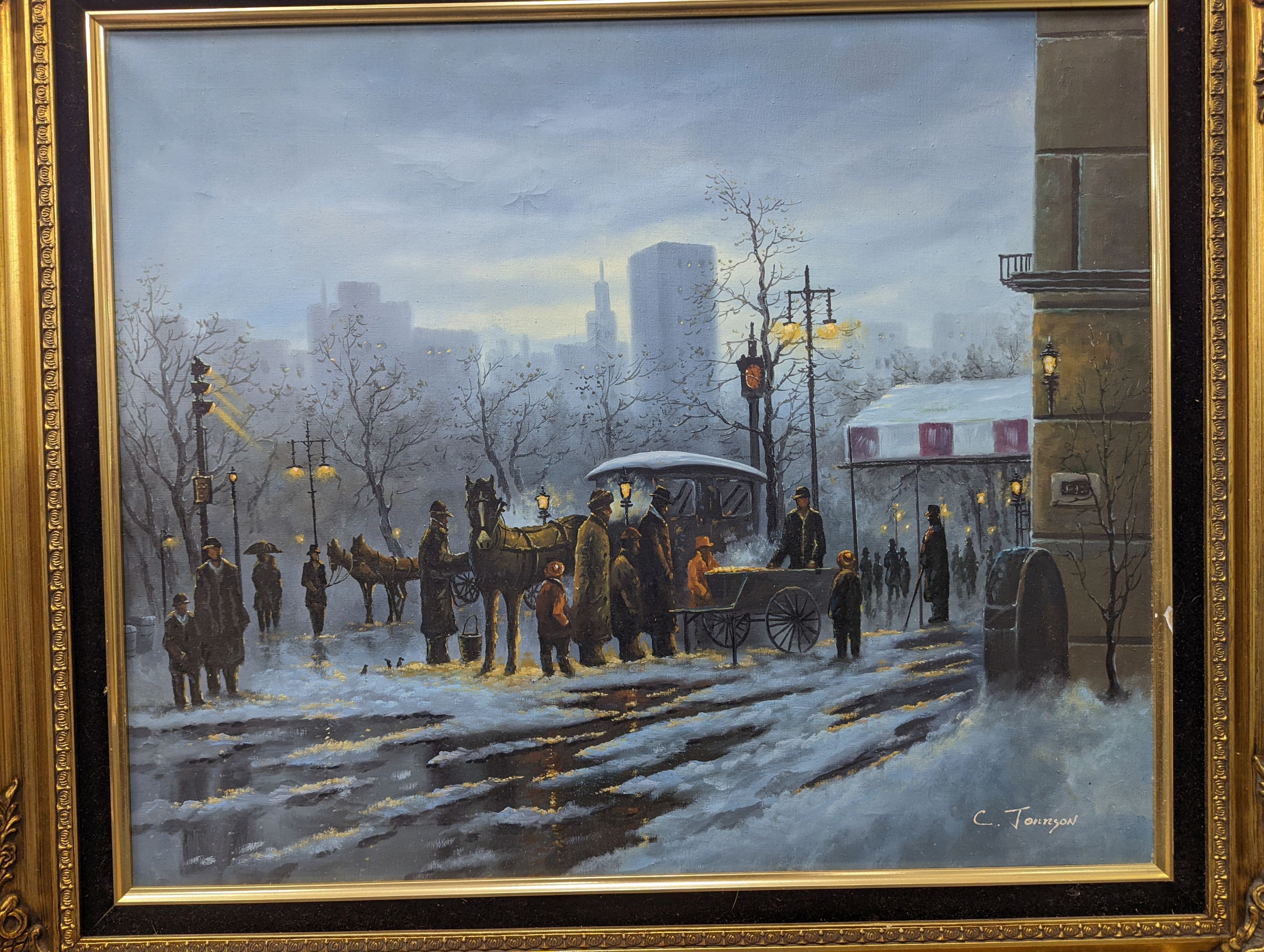 C. Jonnson - modern oil on canvas, Winter town scene, 49.5 x 59.5cm