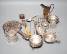 A collection of sundry small silver including a Victorian mustard, flatware including cased sets,