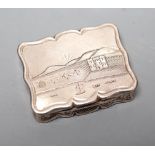 A Victorian silver shaped rectangular vinaigrette, engraved with landscape scene with river,
