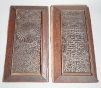 A pair of 18th century Scandinavian carved oak panels in later frames 18x36cm, possibly adapted from