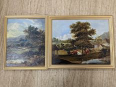 Two 19th century oils on board, landscapes, signed indistinctly, and the other depicting cattle in