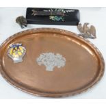 A large oval copper tray, cold-painted spelter parrot and four other items