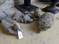 Five reconstituted stone animal garden ornaments, largest width 28cm