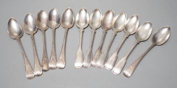 A set of six Victorian silver fiddle and thread pattern teaspoons, London, 1853 and a matched set of