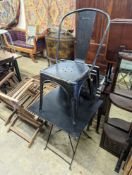 A painted metal folding bistro table, width 60cm, height 71cm and three chairs