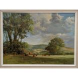 Norman Dinnage (20th century), oil on board, 'View of South Downs, cattle in the foreground' 39cm