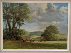 Norman Dinnage (20th century), oil on board, 'View of South Downs, cattle in the foreground' 39cm