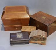 A Victorian mahogany sarcophagus work box, width 30 cms, a Victorian walnut sewing box and three