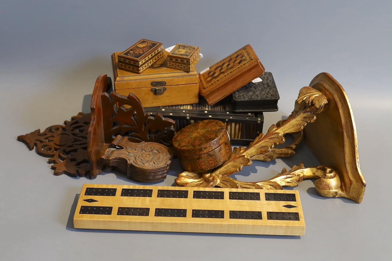 A Tunbridge ware stamp box, a similar needle box, a Victorian daguerrotype, a Sorrento box and