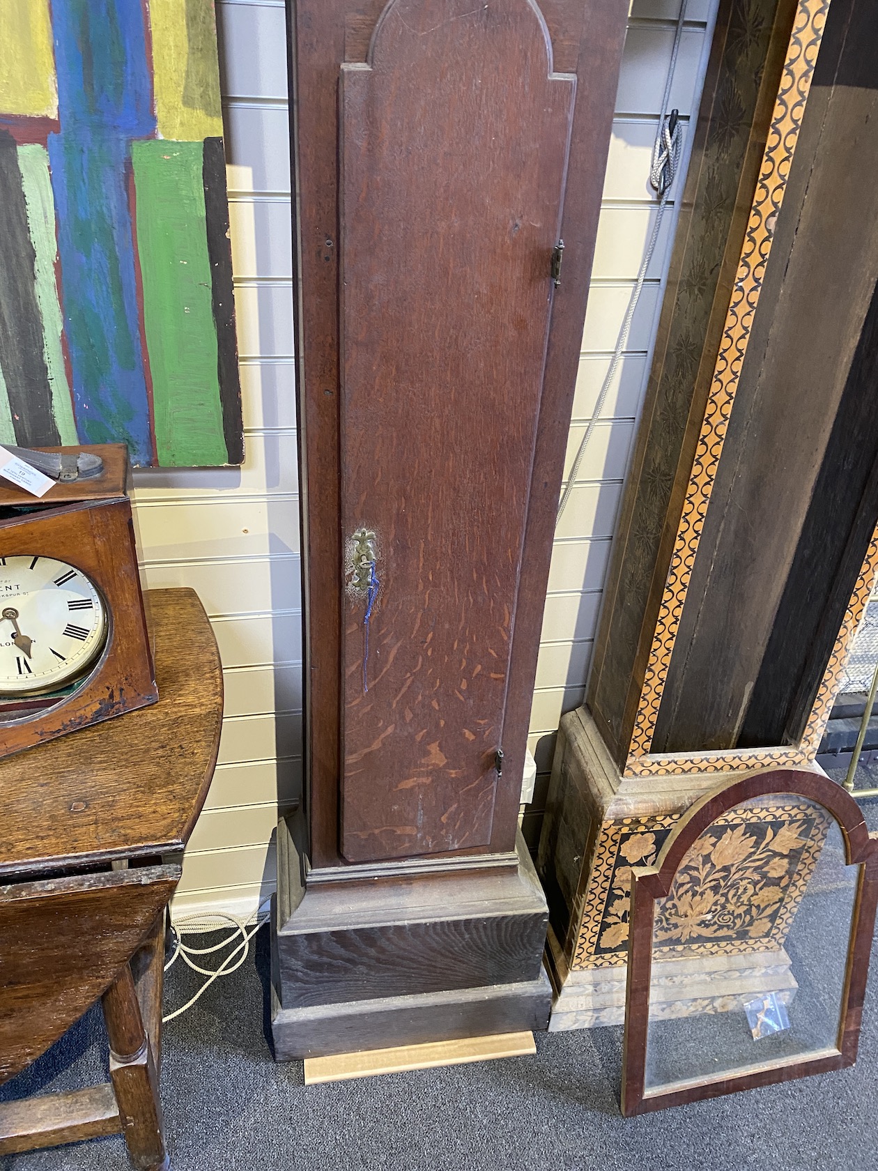 A George III oak longcase clock case and an inlaid clock case, larger 222 cm high. - Image 6 of 7