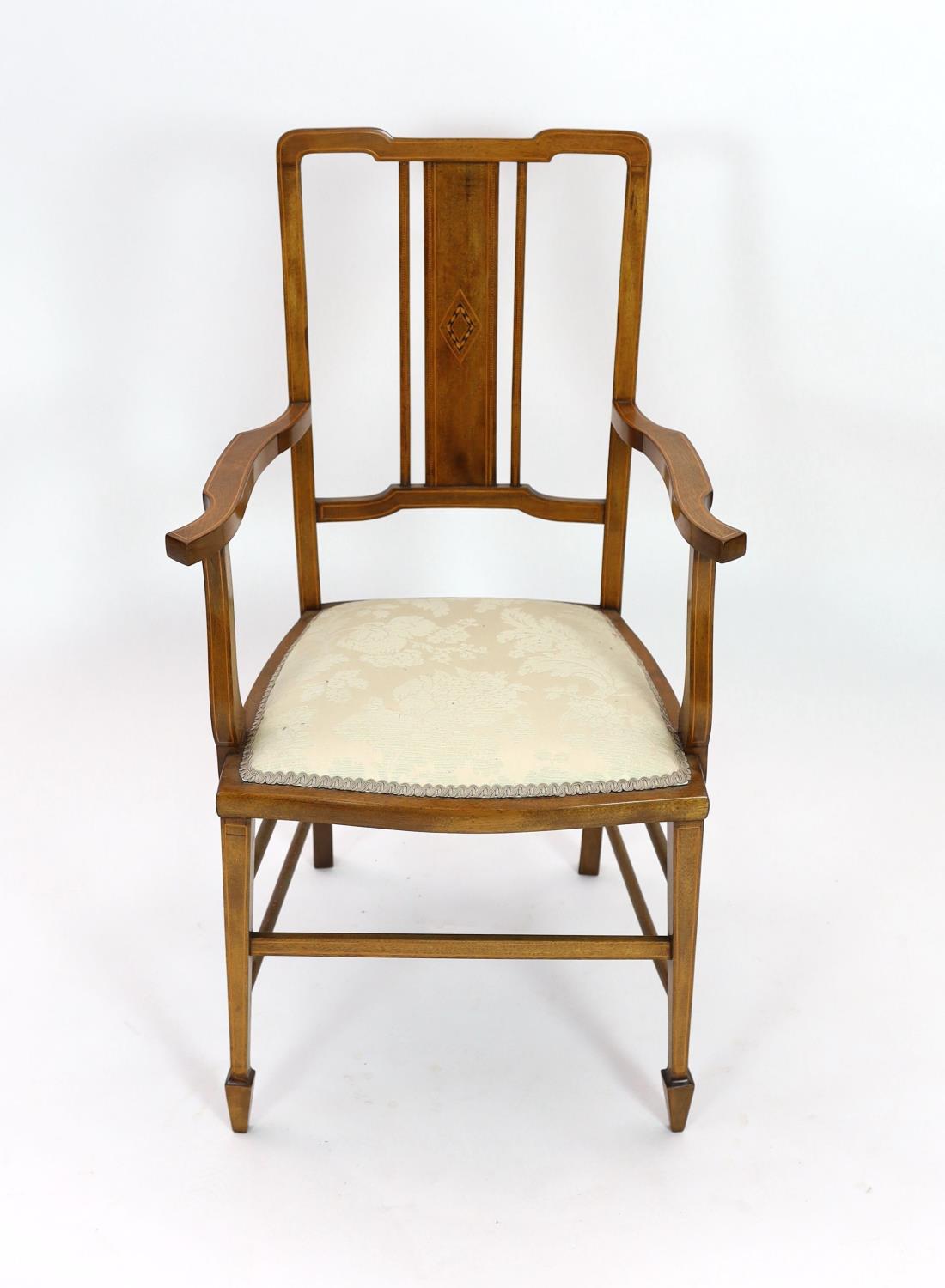 An Edwardian inlaid mahogany elbow chair, width 51cm depth 45cm height 96cm, and two Edwardian - Image 2 of 4