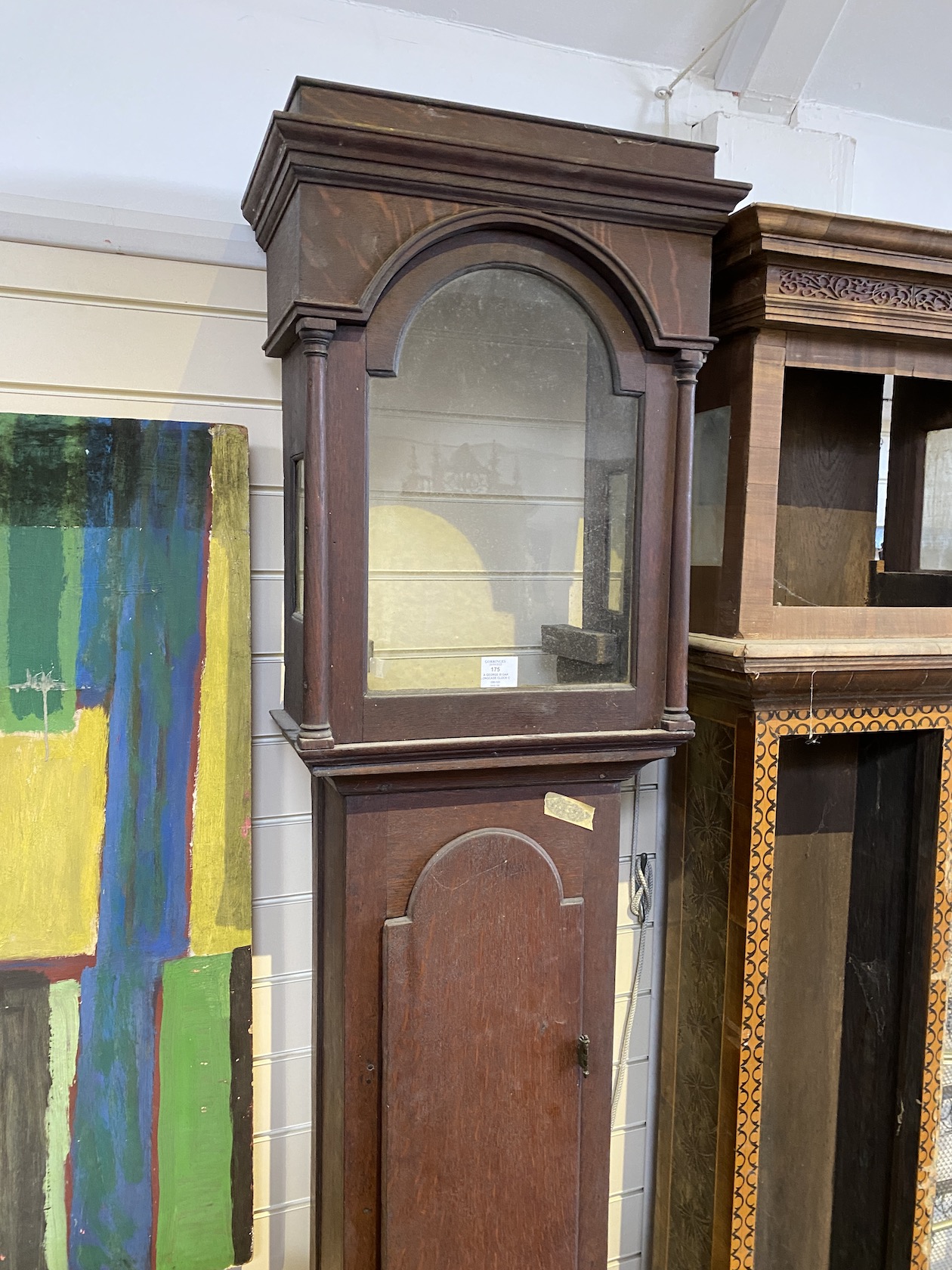 A George III oak longcase clock case and an inlaid clock case, larger 222 cm high. - Image 7 of 7