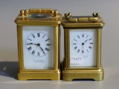 Two late 19th / early 20th century French lacquered brass miniature carriage timepieces, tallest