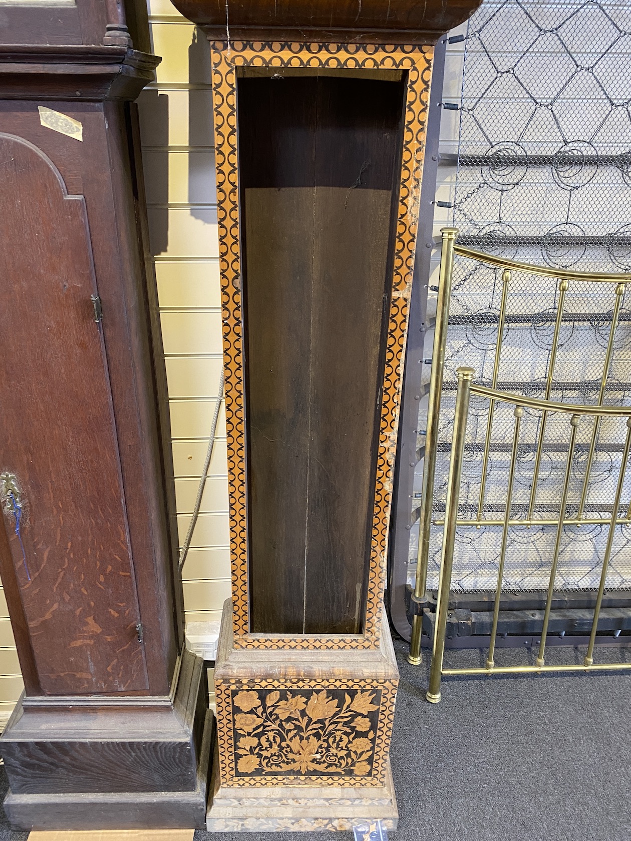 A George III oak longcase clock case and an inlaid clock case, larger 222 cm high. - Image 4 of 7