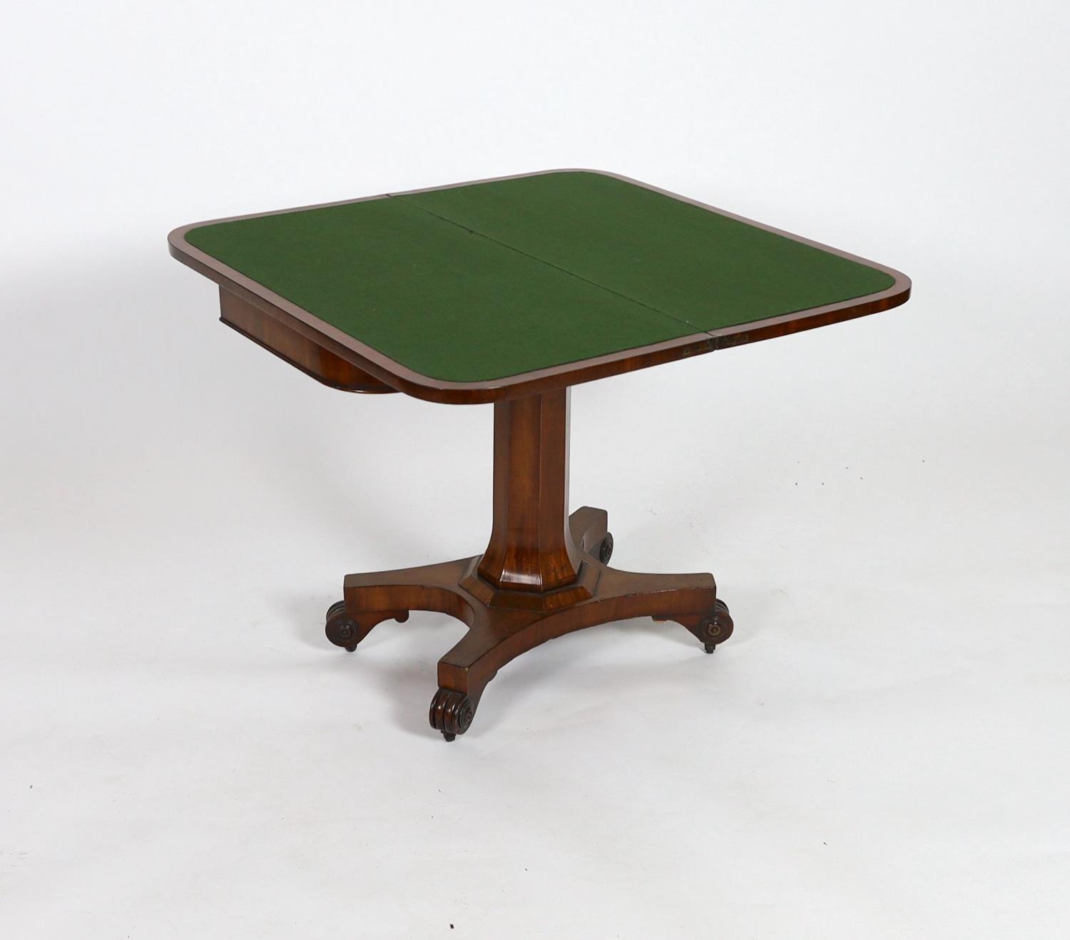 An early Victorian rectangular mahogany folding card table, on octagonal column, width 90cm depth - Image 3 of 3