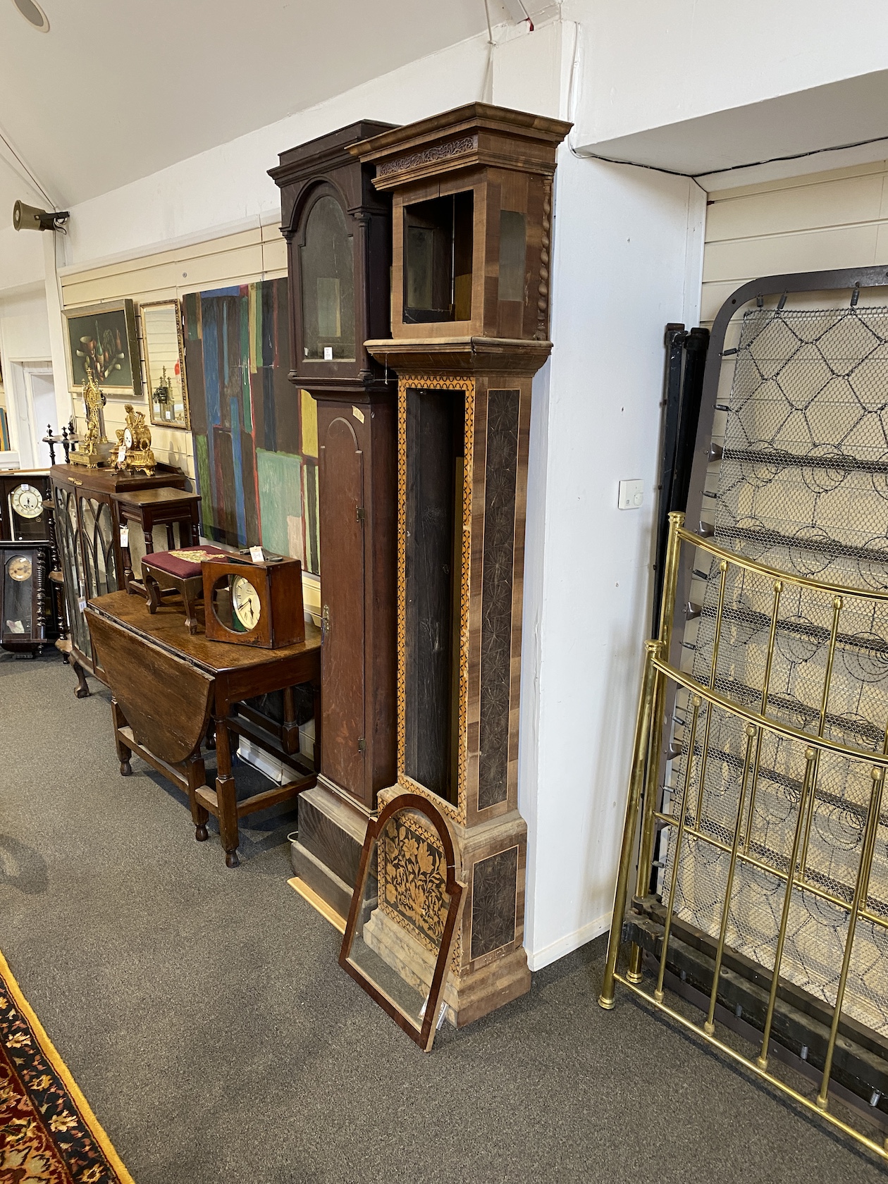 A George III oak longcase clock case and an inlaid clock case, larger 222 cm high. - Image 2 of 7