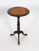 A Victorian and later parquetry inlaid walnut and beech circular tripod games table, diameter 44cm