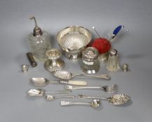 Small silver items including 800 standard dwarf candlestick, a George V silver mounted pin