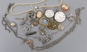 A mixed group of assorted silver and costume jewellery including a silver albert, Scottish hardstone